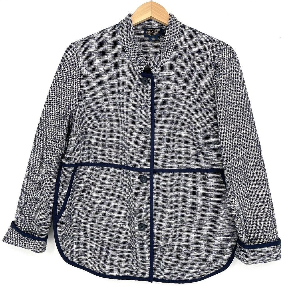 Pendleton Button Front Jacket Blazer Contrast Trim Blue Tweed Womens Size 12